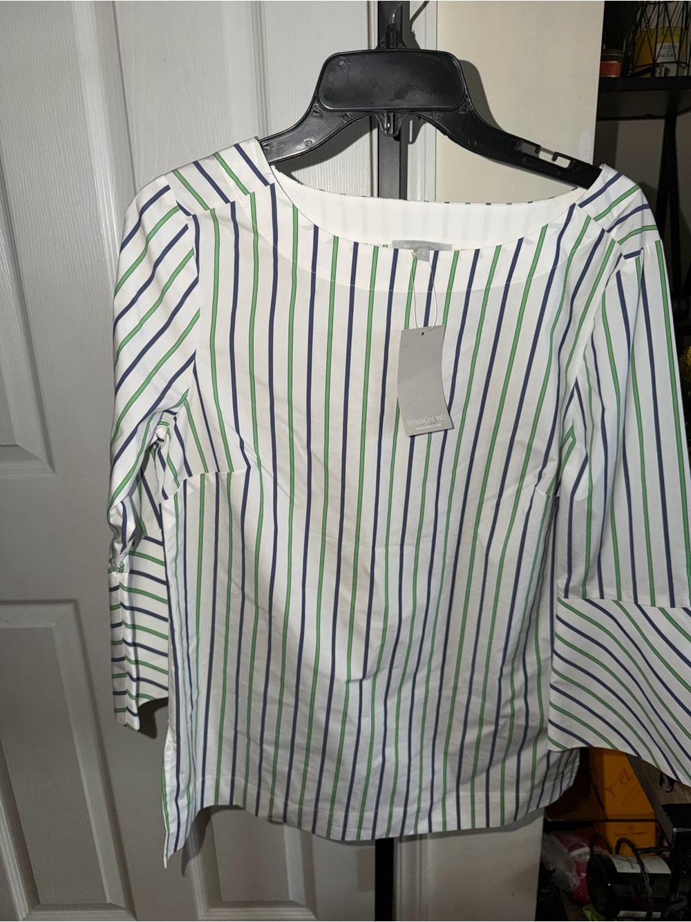 Hinson Wu Striped White Boatneck Blouse with Green & Navy Stripes